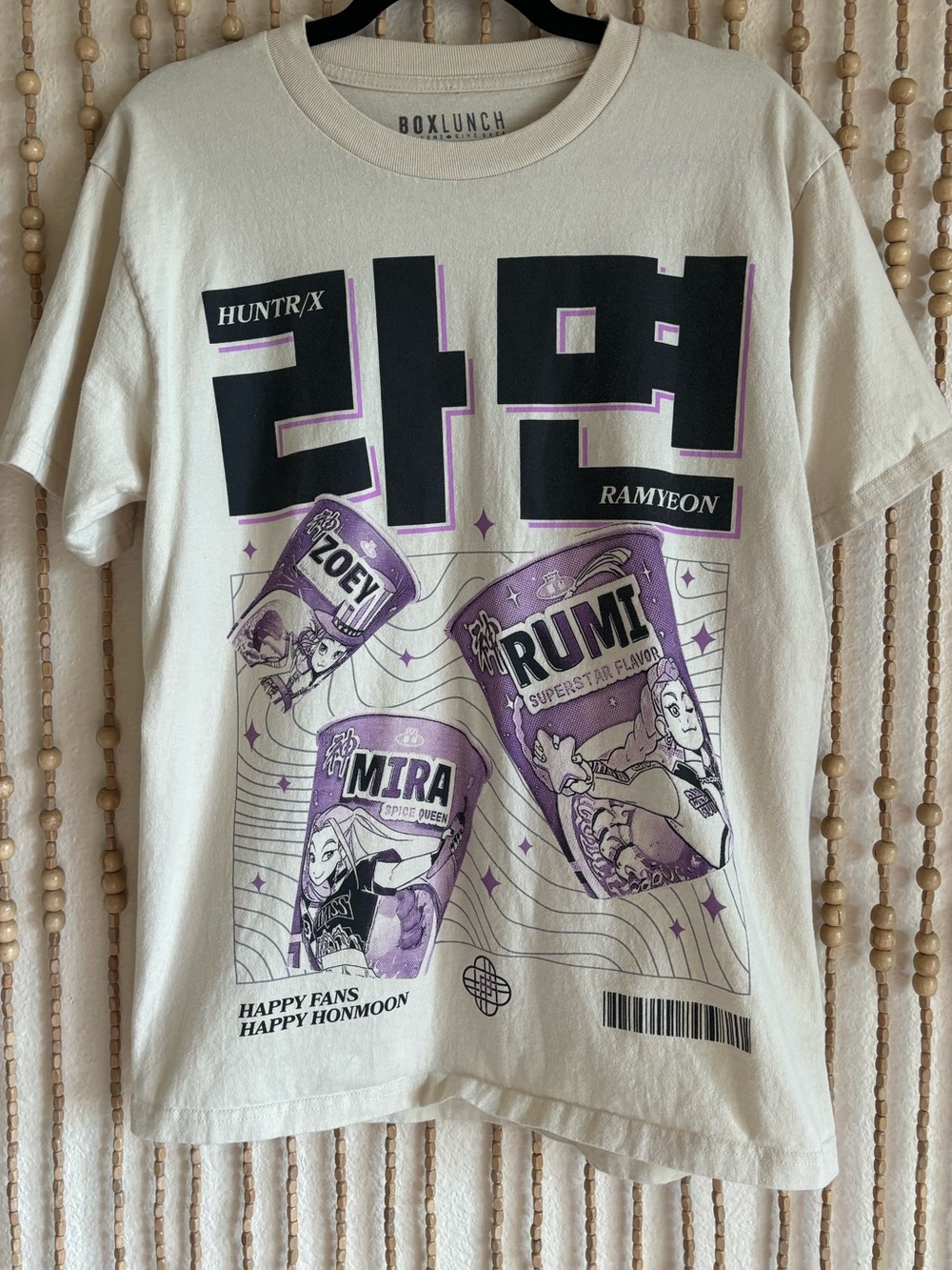 BoxLunch Graphic Rumi Mira Zoey Can Ramen  Cream Purple Short Sleeve Cotton T M